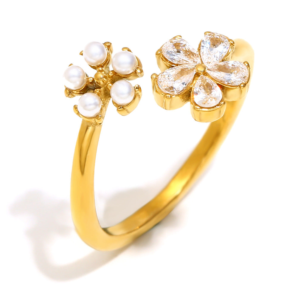 Elegant Floral-Shape Stainless Steel Plated 18K Gold Opening Ring for Women
