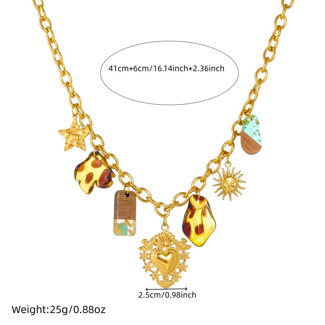 Vintage Gold Plated Heart Flower Sun Leopard Print Acrylic Stainless Steel Necklace