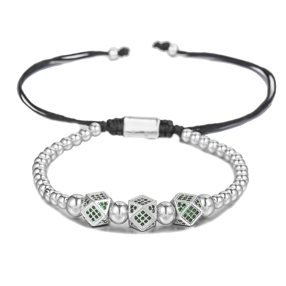 Unique Geometric Handmade Brass Bracelet with Cubic Zirconia and Adjustable Beads