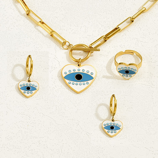 Set di gioielli da donna con collana, orecchini e bracciale a cuore, pendente a forma di cuore e anello smaltato con occhio di Allah
