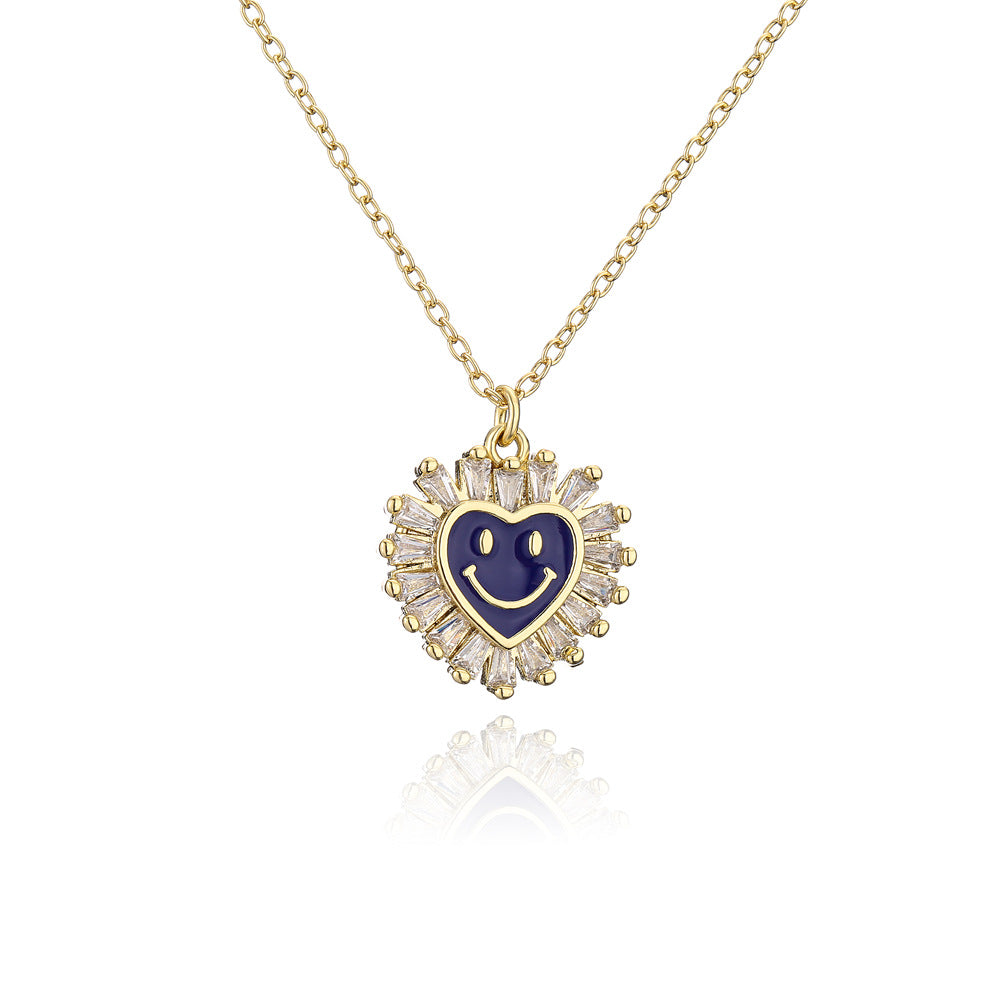 Cute Heart-Shaped Copper Pendant Necklace with Micro-Paved Zirconia and Enamel Smile Design