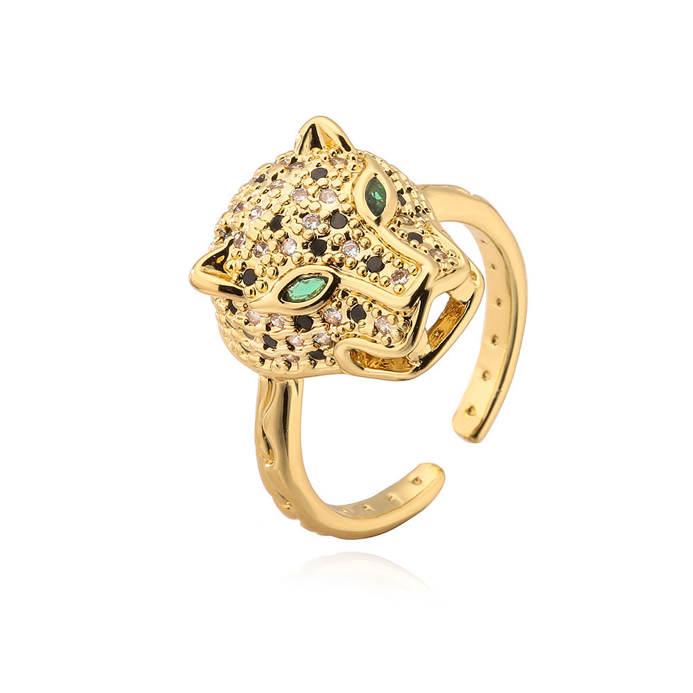 Anello aperto geometrico alla moda da donna con base in rame placcato in oro 18 carati e design a leopardo con zirconi micro-incastonati