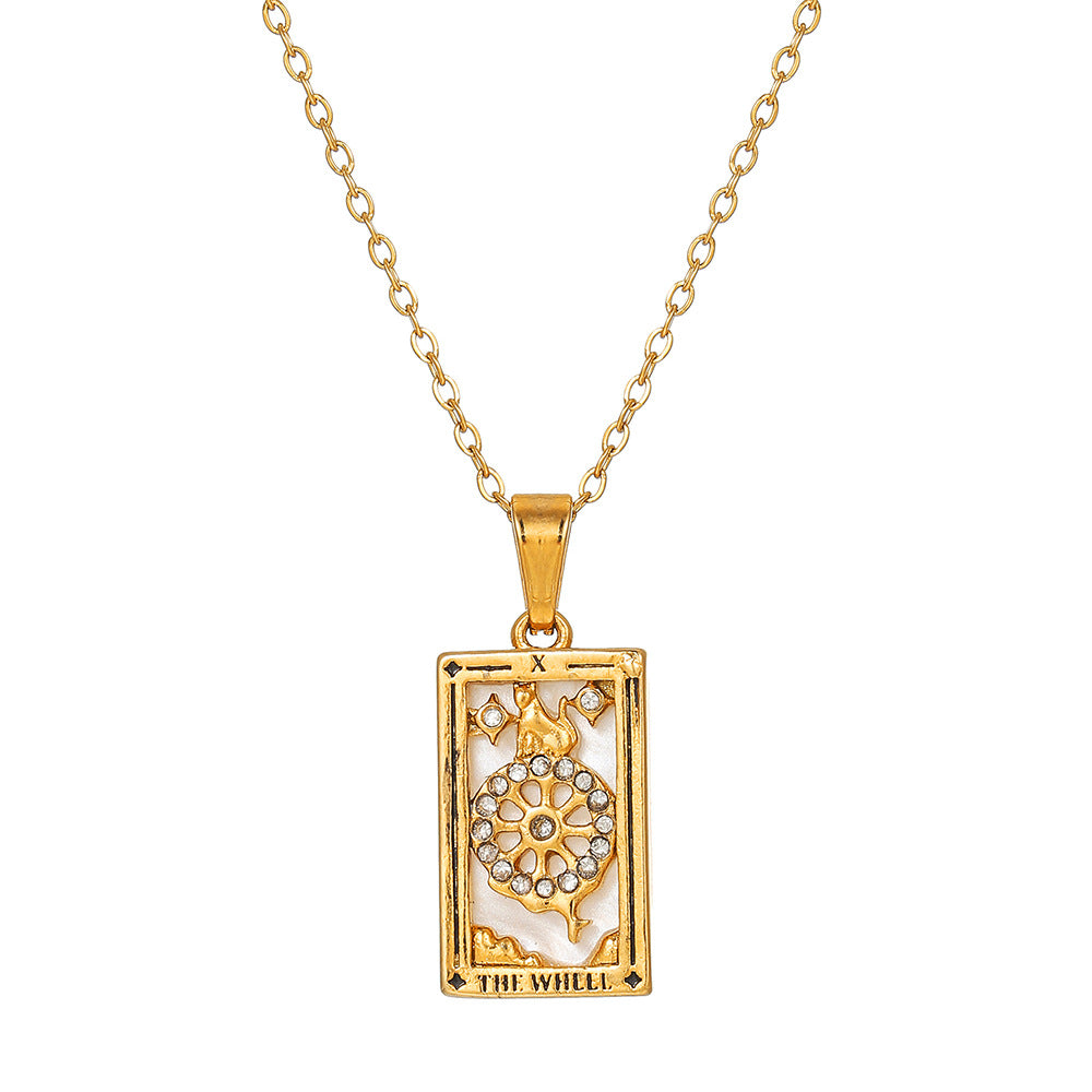 Vintage Casual Rectangle Drip Oil Cubic Zirconia Stainless Steel Necklace with Geometric Tarot Pendant Cable Chain Unisex