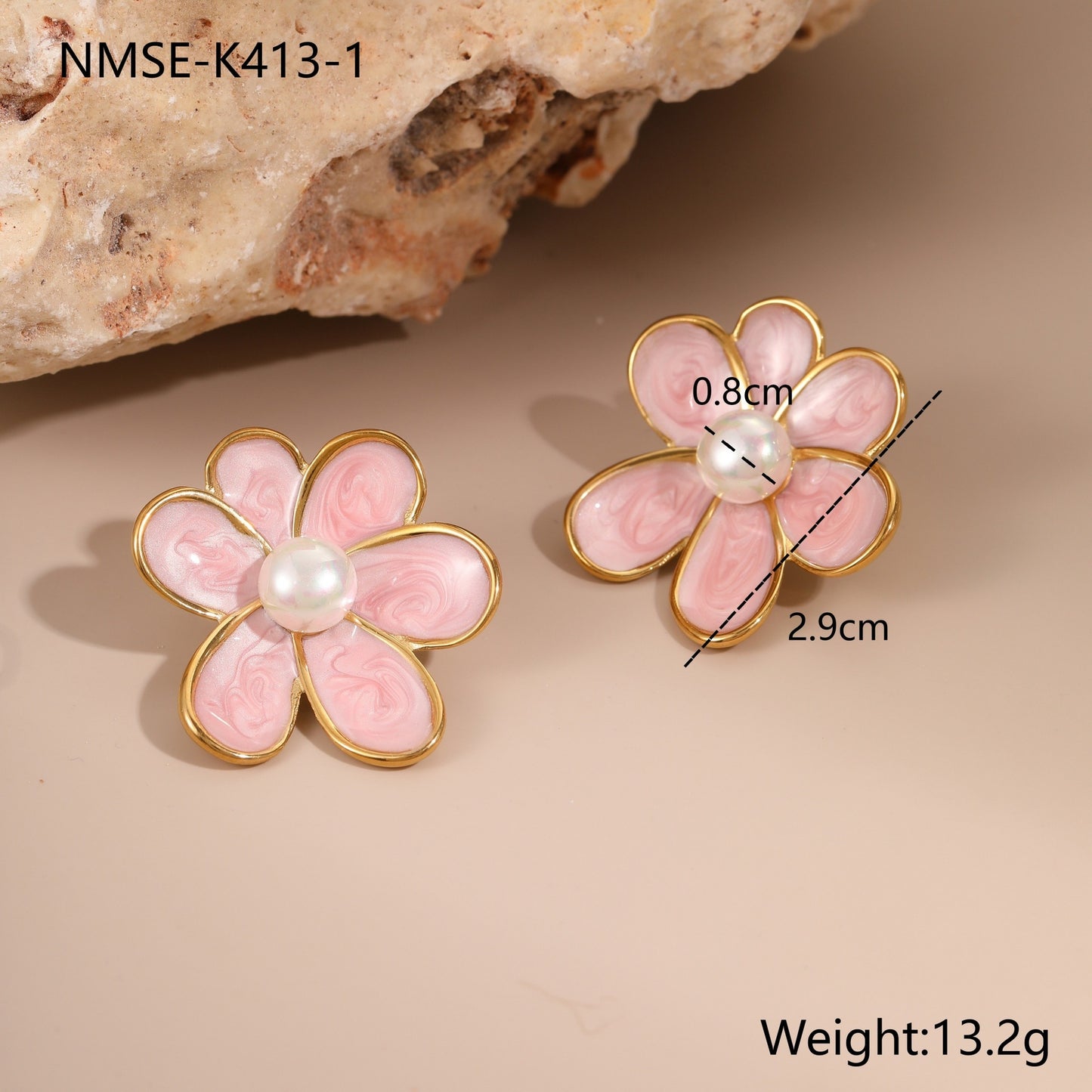 Vintage Floral Stainless Steel Earrings with Enamel Coloring and Pearl Inlay for Women