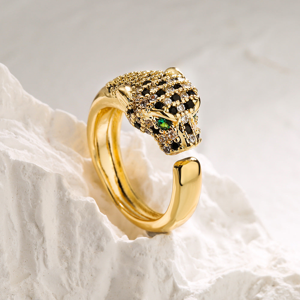 Anello aperto geometrico alla moda da donna con base in rame placcato in oro 18 carati e design a leopardo con zirconi micro-incastonati