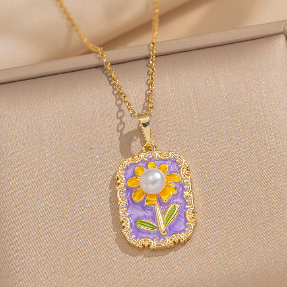 Baroque Style Leaf-Shaped Titanium Steel Necklace with Tulip Floral Motif, Vacuum-Plated for Hypoallergenic Wear, O-Chain Design
