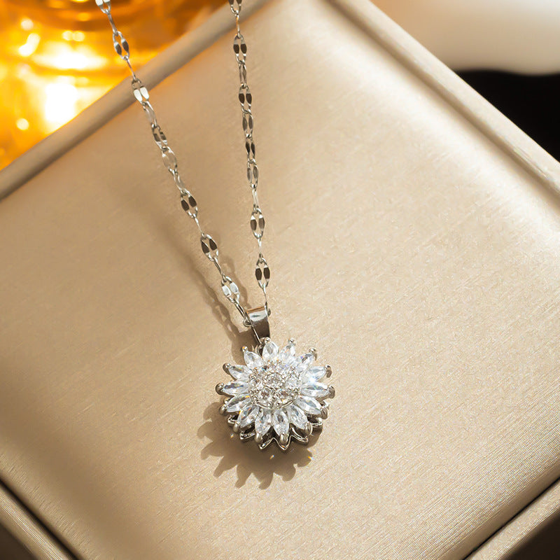 Minimalist Sunflower Pendant Necklace for Women with Rotating Daisy Design, Titanium Steel Snake Chain, Rhinestone Inlay, Geometric Shape
