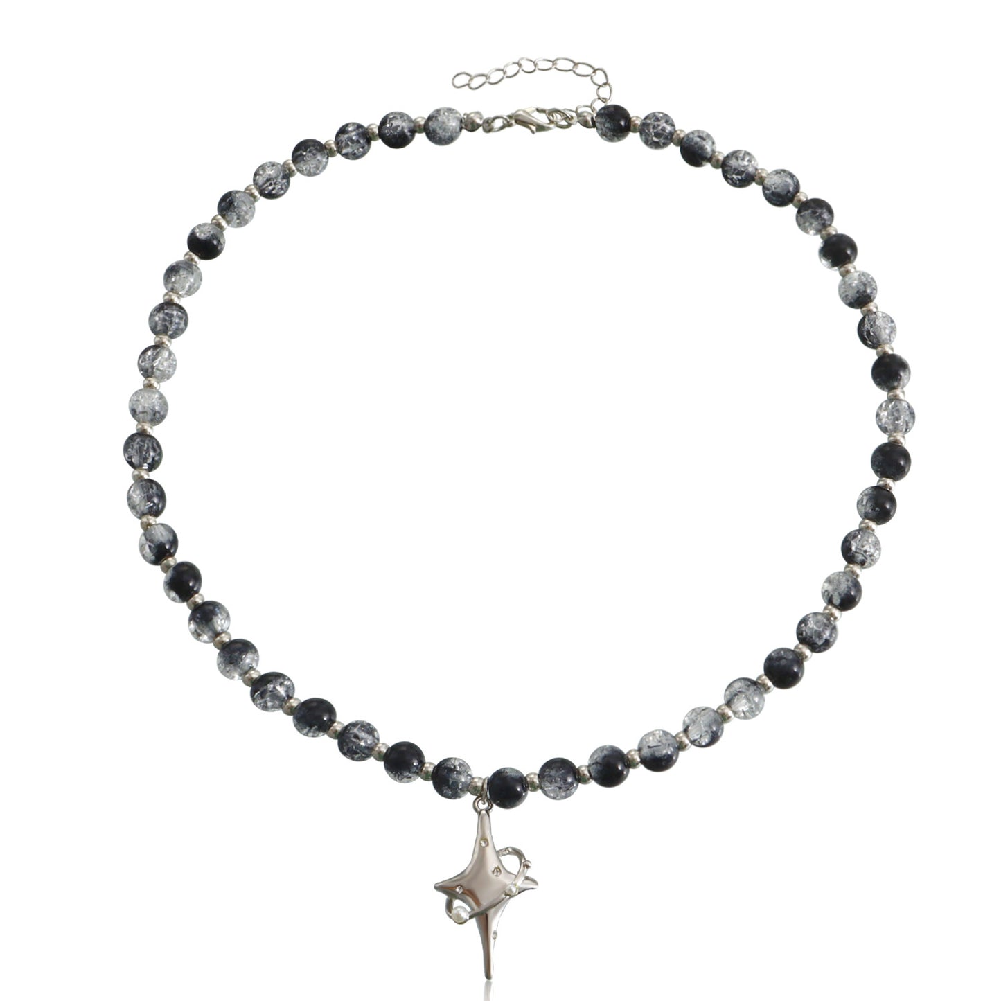 Vintage-Style Geometric Black and White Beaded Cross Star Pendant Necklace for Women with Alloy Base and Plated Finish