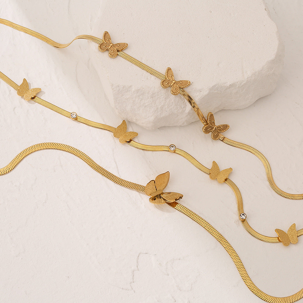 Minimalist Butterfly-Shaped Titanium Steel Snake Chain Necklace for Women with Gold Plating
