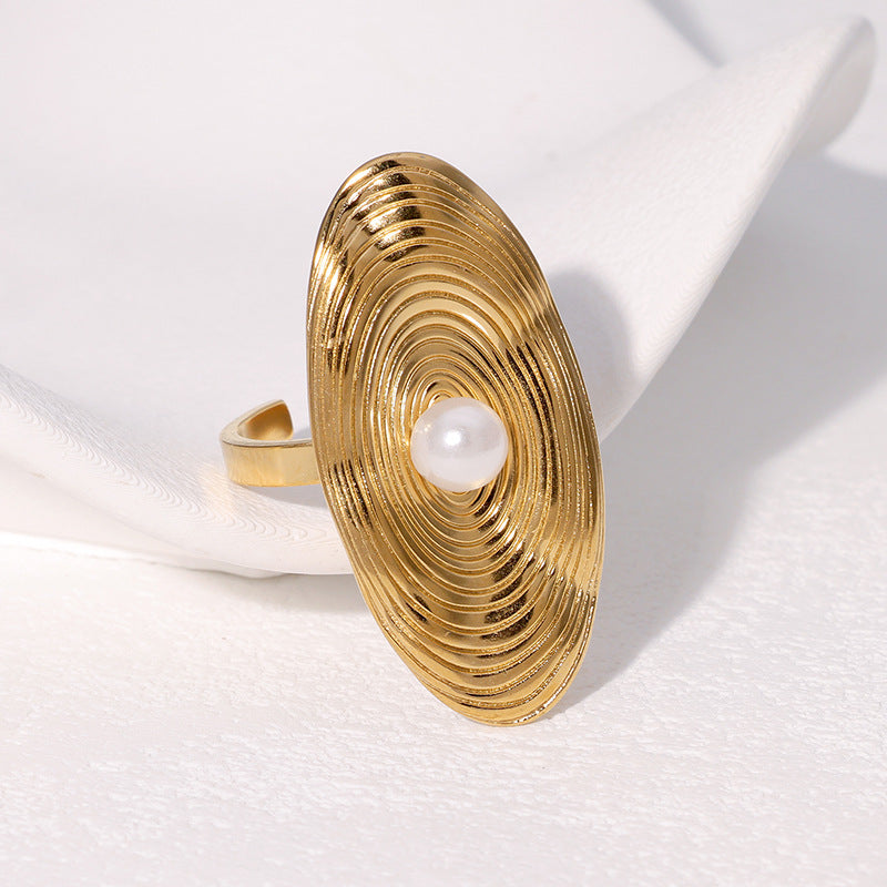Anello Ovale Minimalista con Perla in Acciaio Inossidabile Placcato per Donna