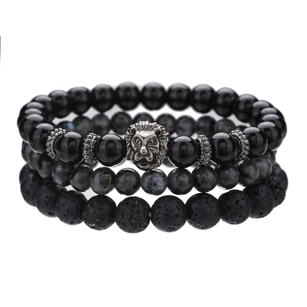 Casual Matte Geometric Round Volcanic Stone and Alloy Beaded Bracelet Set with Lion Head Charm