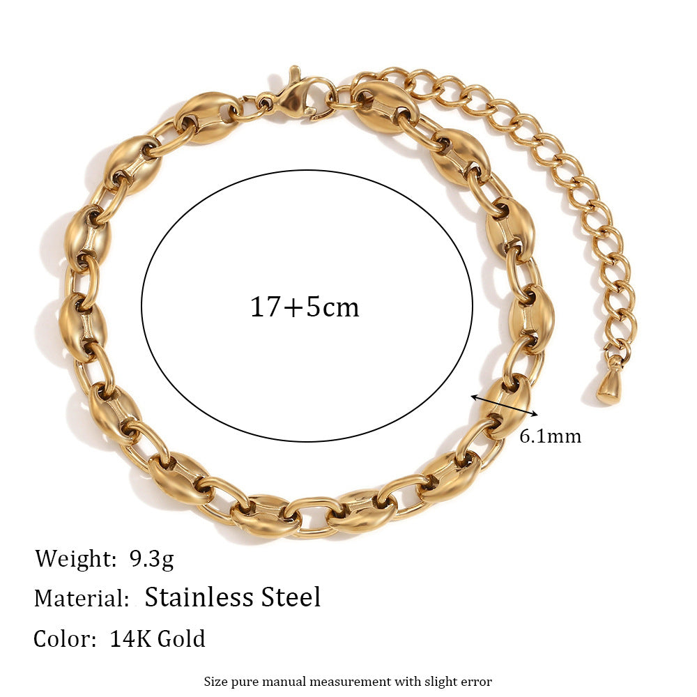 Bracciale da donna a chicco di caffè placcato oro 14 carati in acciaio inossidabile geometrico minimalista