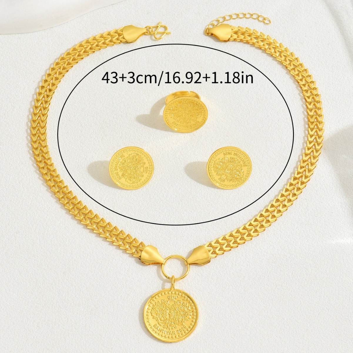 Conjunto de collar, pendientes y anillo de aleación chapada en oro de 18 quilates con colgante redondo de Árbol de la Vida de Lujo Ligero para mujer