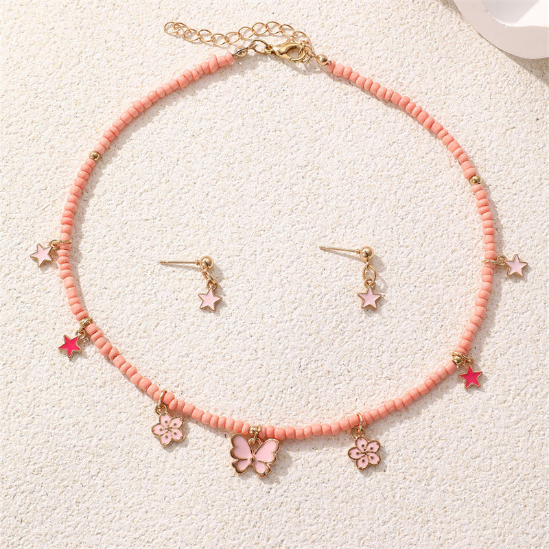 Bohemian Pink Beaded Butterfly Shell Pendant Necklace Set for Children Handmade Jewelry