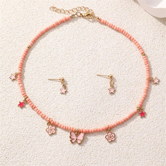 Set collana con ciondolo a conchiglia a farfalla con perline rosa bohémien per bambini Gioielli fatti a mano