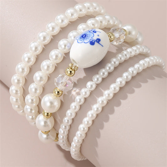 Minimalist French Vintage Floral Bracelet Set for Girls Handmade with Imitation Pearl and Ceramic Beads Elegant Gift for Birthday or Travel Souvenir