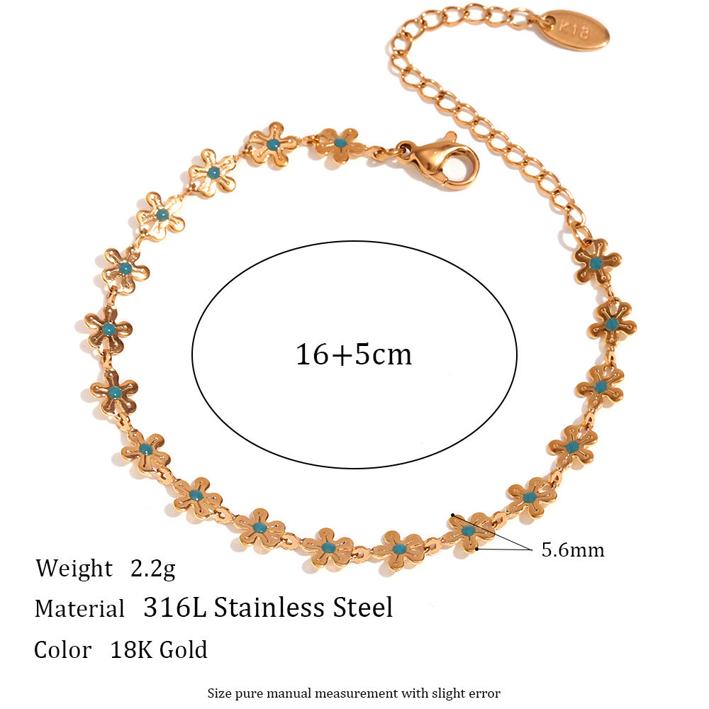 Elegante Collar Hecho a Mano para Mujer con Diseño Floral Geométrico Vintage, Acero Inoxidable con Baño de Oro de 18K y Esmalte Azul, con Pequeña Flor