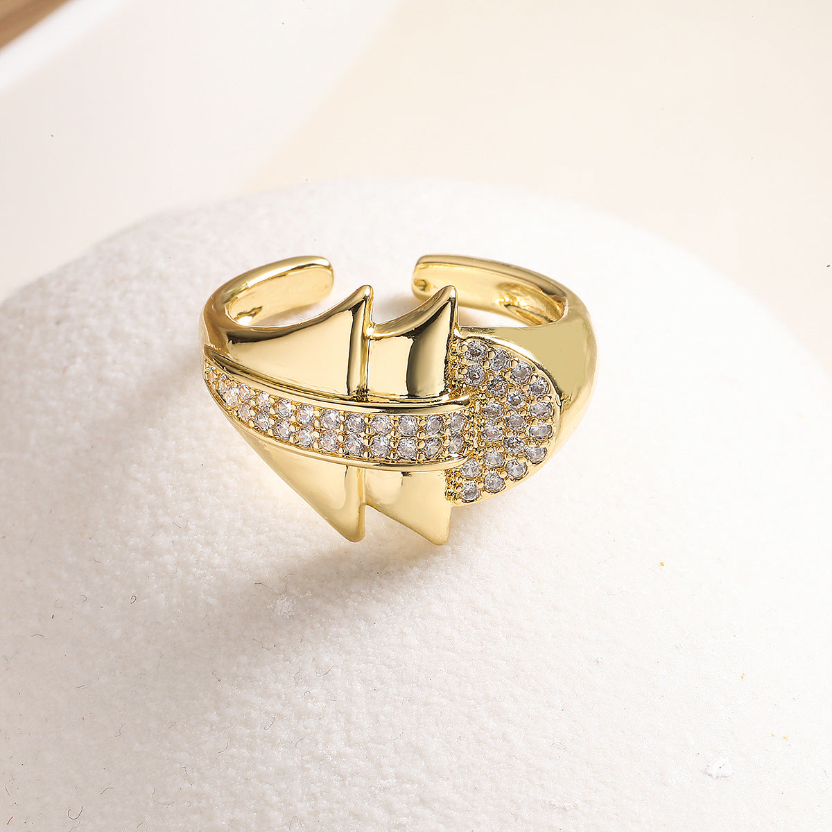 Minimalist Geometric Open Ring for Women Made of Copper with 18K Gold Plating and Micro-Paved Zircon