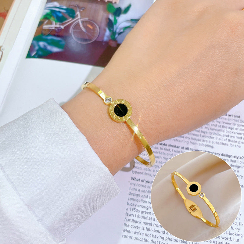 Minimalist Luxury Titanium Steel Bracelet with Mother-of-Pearl Smile Charm
