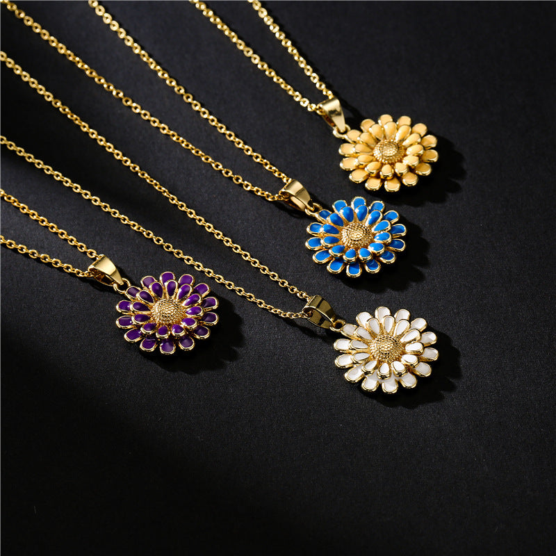 18K Gold Plated Brass Drip Oil Geometric Sunflower Pendant Box Chain Necklace