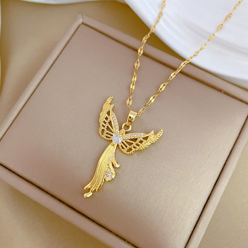 Luxury Titanium Steel Geometric Eagle Pendant Necklace for Women with Rhinestone Inlay, Adjustable Titanium Steel Chain, Elegant Clavicle Jewelry