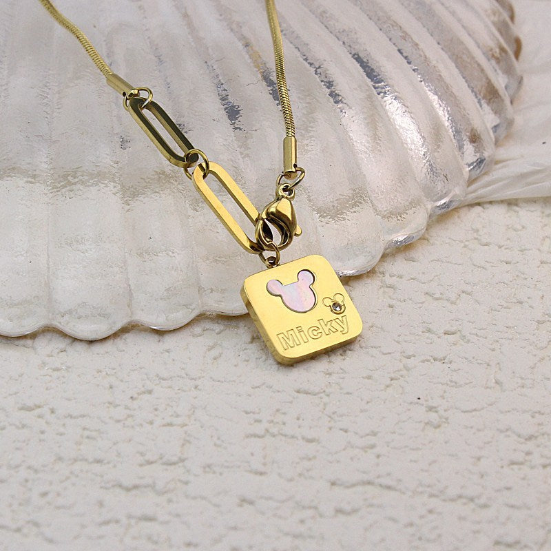Minimalist Square Shell Mickey Mouse Titanium Steel Snake Chain Clavicle Necklace with Plating Finish