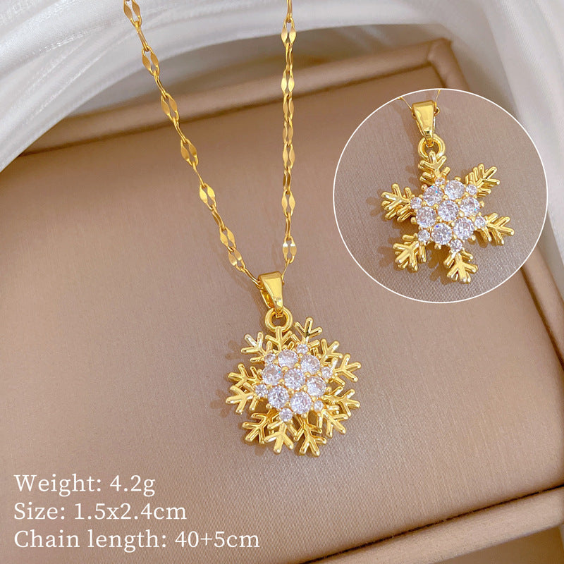 Sweet Minimalist Geometric Snowflake Rhinestone Pendant Necklace Titanium Steel Cable Chain for Unisex