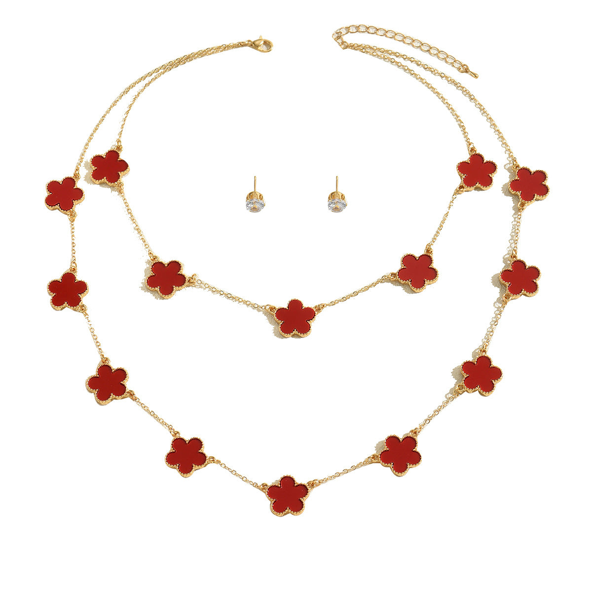Conjunto de collar con colgante floral de flor de ciruelo geométrico con pendientes de aleación de zinc con incrustaciones chapadas en oro para mujer