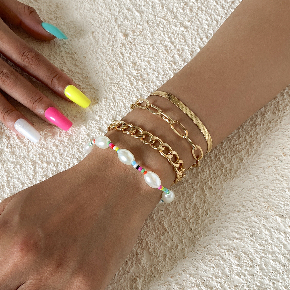 Vintage Bohemian Geometric Hollow Handmade Imitation Pearl Beaded Bracelet for Women
