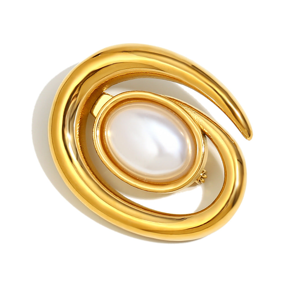 Spilla Minimalista Geometrica a Conchiglia e Perla in Acciaio Inossidabile Placcato Oro 18K da Donna