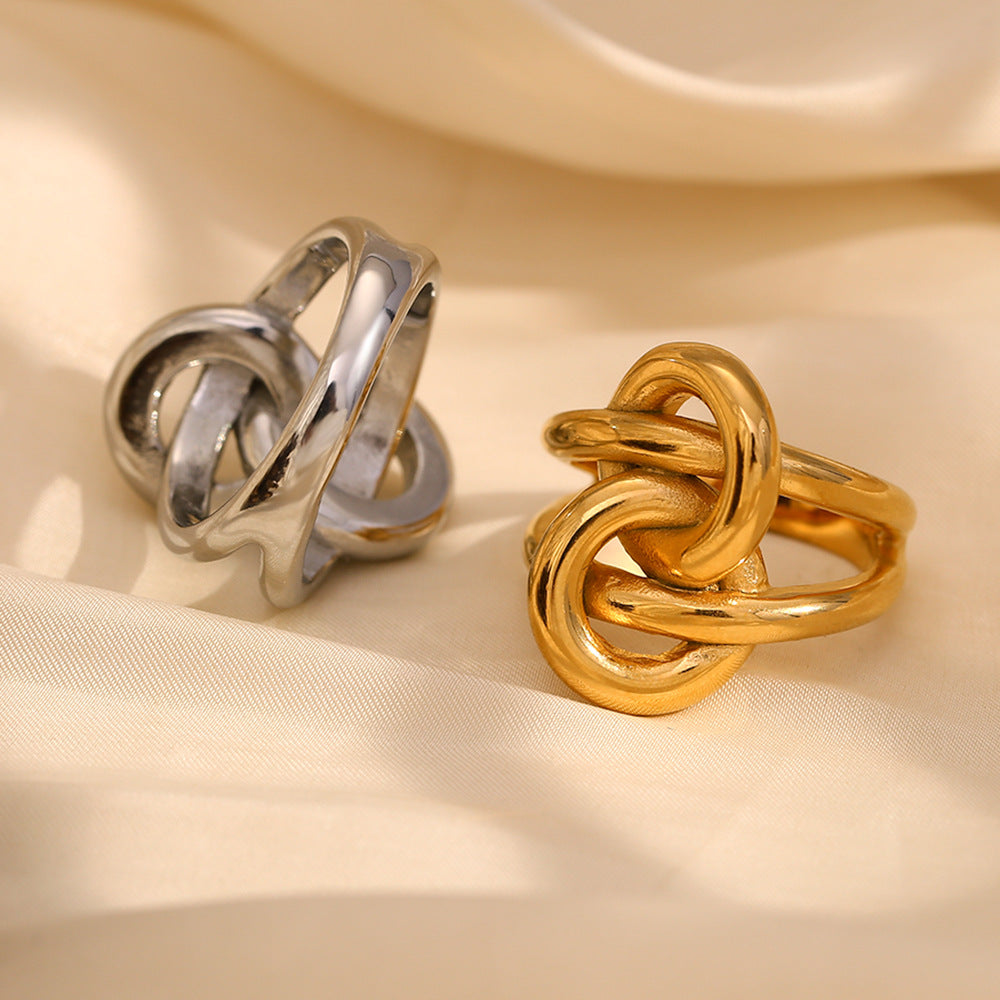 Fashionable Minimalist Geometric Stainless Steel Ring with 18K Gold Plating Double-Knotted Twisted Design for Women