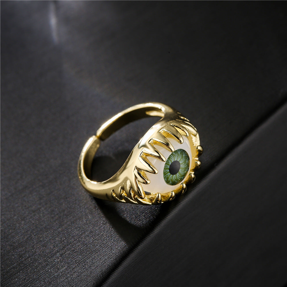 Geometric Micro-Inlay Gold Plated Brass Evil Eye Ring for Women
