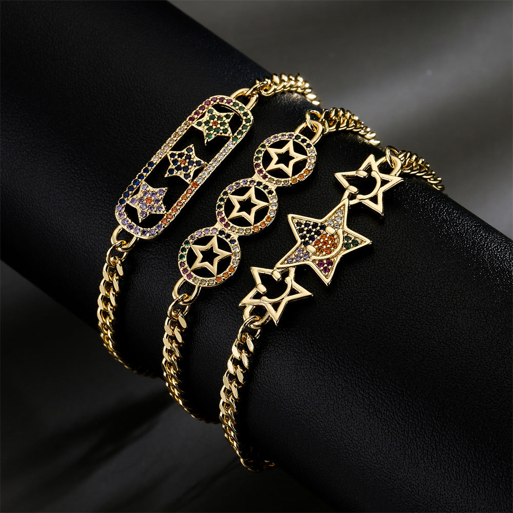 Gold Plated Brass Micro-Inlaid Cubic Zirconia Star Bracelet for Women