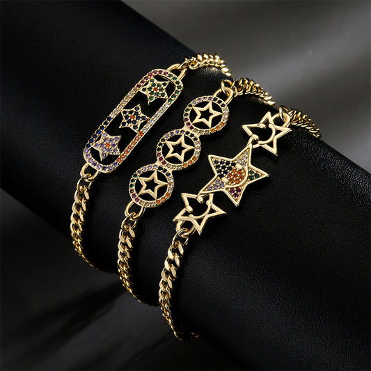 Gold Plated Brass Micro-Inlaid Cubic Zirconia Star Bracelet for Women