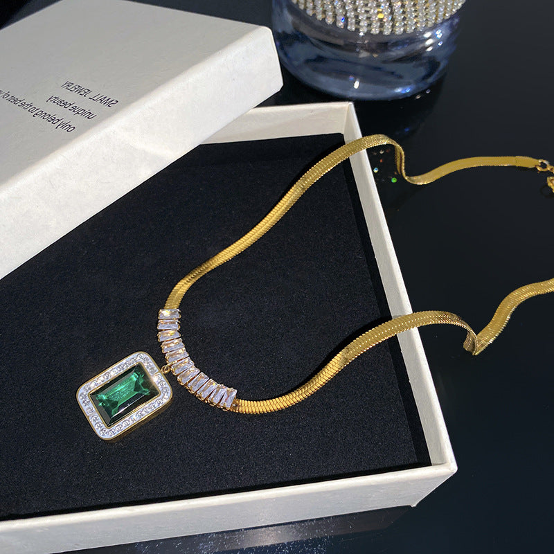 Vintage Geometric Square Plated Titanium Steel Snake Chain Necklace with Cubic Zirconia