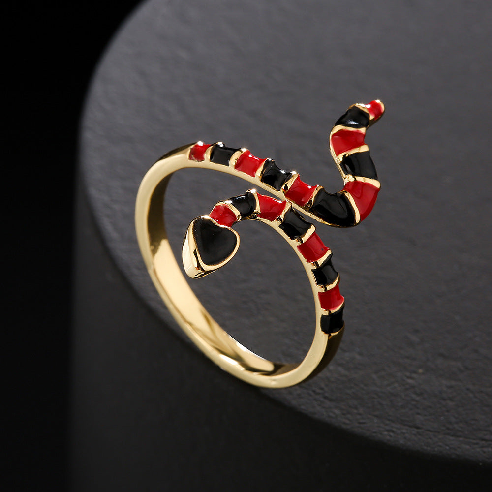 Bohemian Style 18K Gold Plated Copper Snake Shape Open Ring with Enamel Micro-Inlay for Women
