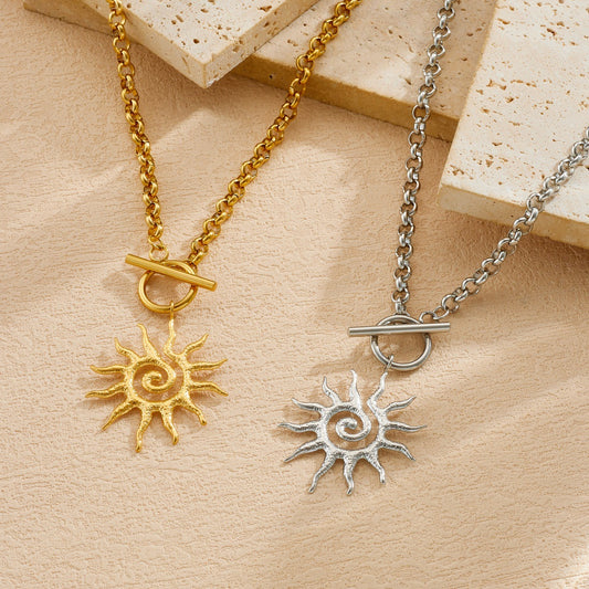 Vintage Gold Plated Geometric Sun Spiral Pendant Stainless Steel Cable Chain Necklace for Women