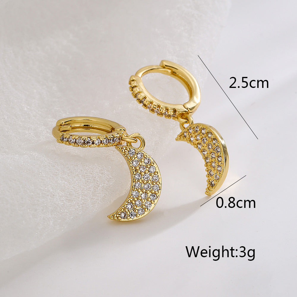 Minimalist Moon-Shaped Copper Earrings with 18K Gold Plating and Micro-Paved Zirconia for Women
