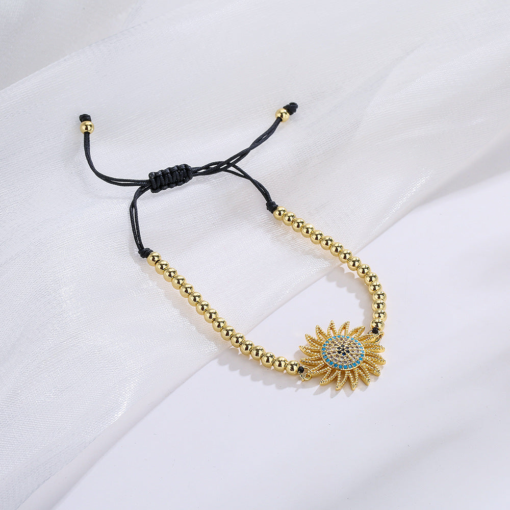Minimalist Geometric Copper Bracelet with 18K Gold Plating, Zircon Accent, Adjustable Love Heart and Sunflower Design