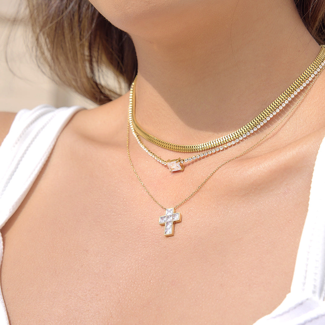 Elegant Minimalist Geometric Cross Stainless Steel PVD Necklace with Cubic Zirconia for Women