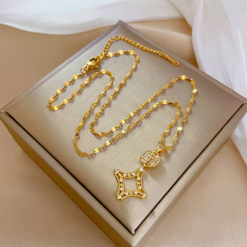 Minimalist Square Titanium Steel Micro-Paved Necklace for Women Delicate Clavicle Chain
