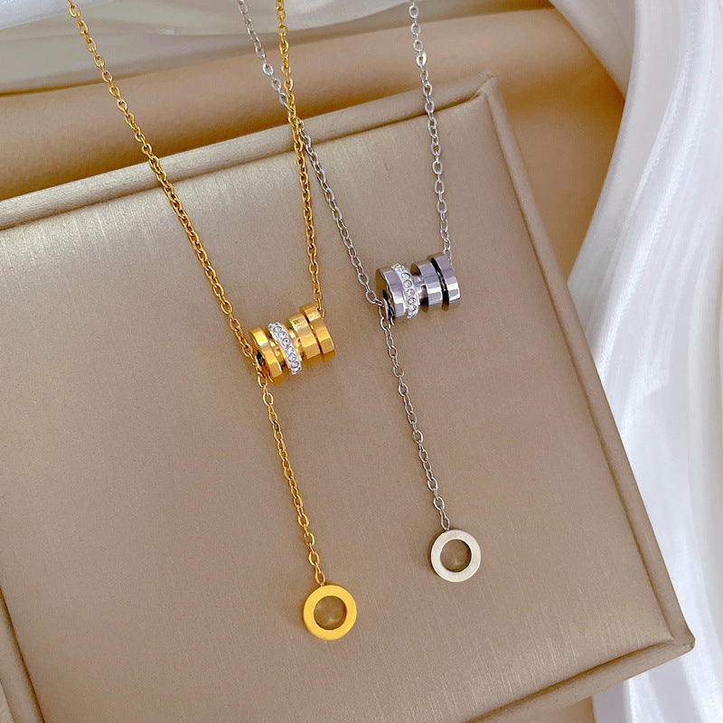 Minimalist Titanium Steel Geometric Pendant Necklace for Women Short Clavicle Chain with Rhinestone Inlay Fashion Office Wear