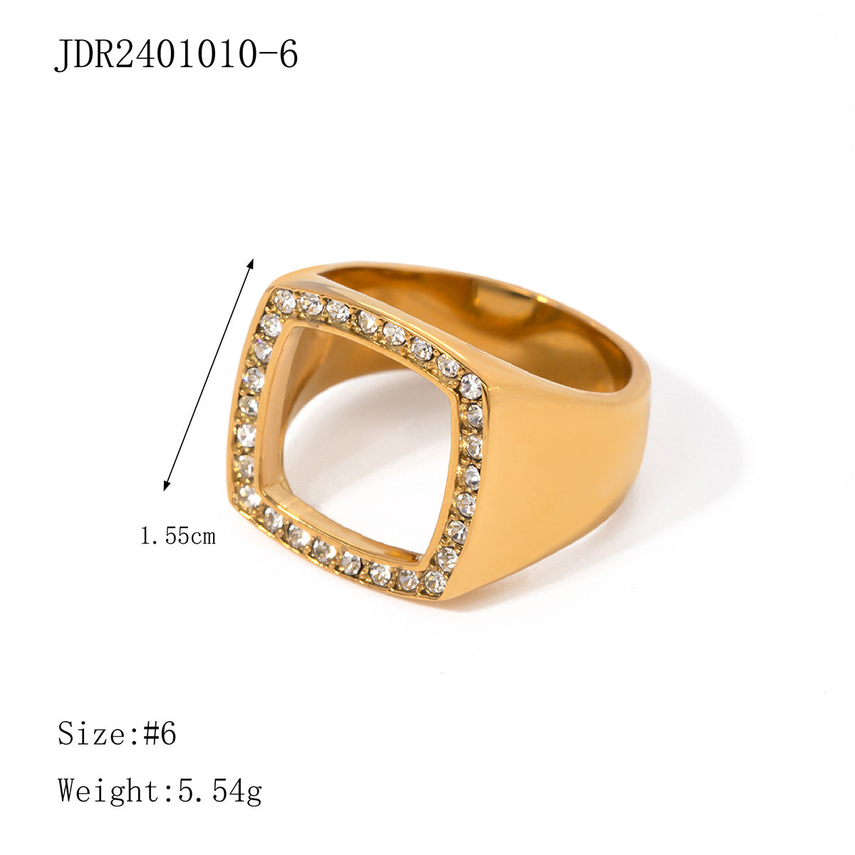 Fashion Minimalist 18K Gold Plated Stainless Steel Square Hollow Rhinestone Ring for Women
