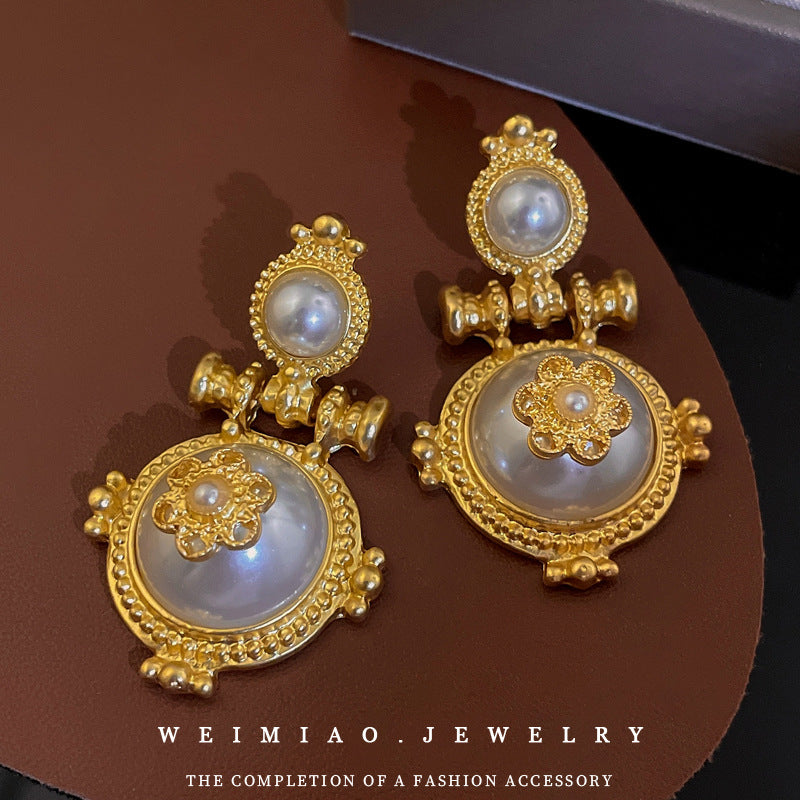 Pendientes de Aro Geométricos con Perlas y Flores Vintage para Mujer con Postes de Acero Inoxidable
