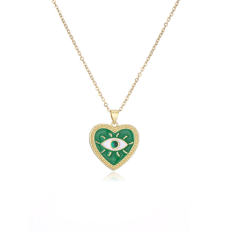 Fashion Heart Eye Geometric Drip Oil Gold Plated Brass Pendant Necklace for Women with Cable Chain