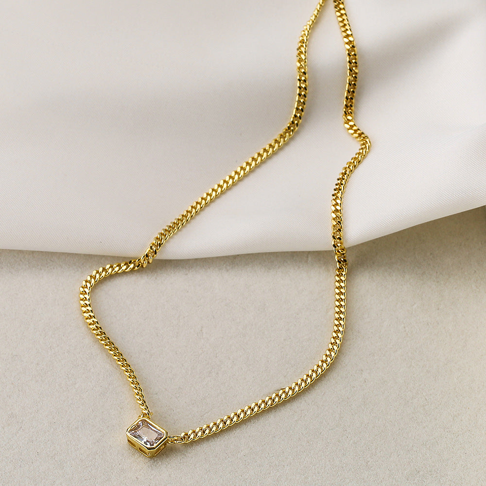 Minimalist Geometric Pendant Necklace in Copper with 18K Gold Plating and Zircon Inlay on Cuban Chain