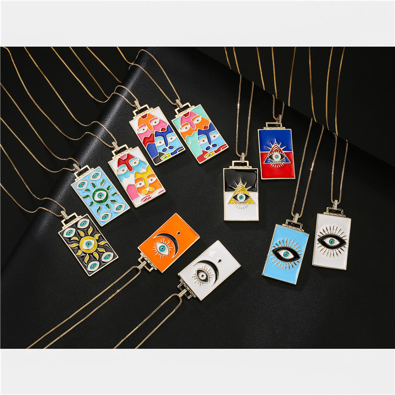 Geometric Brass Micro-Inlay Cubic Zirconia Drip Oil Pendant Necklace with Cable Chain