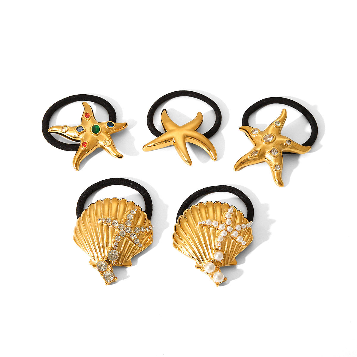 Trendy 18K Gold Plated Stainless Steel Seashell Starfish Hair Tie with Rhinestone Inlay for Women