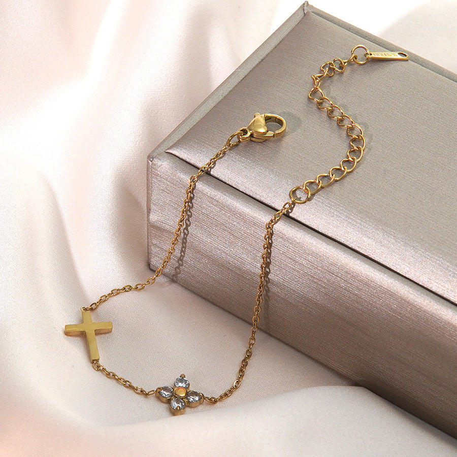 Bracciale da donna in Acciaio Inossidabile Placcato, Elegante, Minimalista, a Croce Floreale con Zirconi Cubici