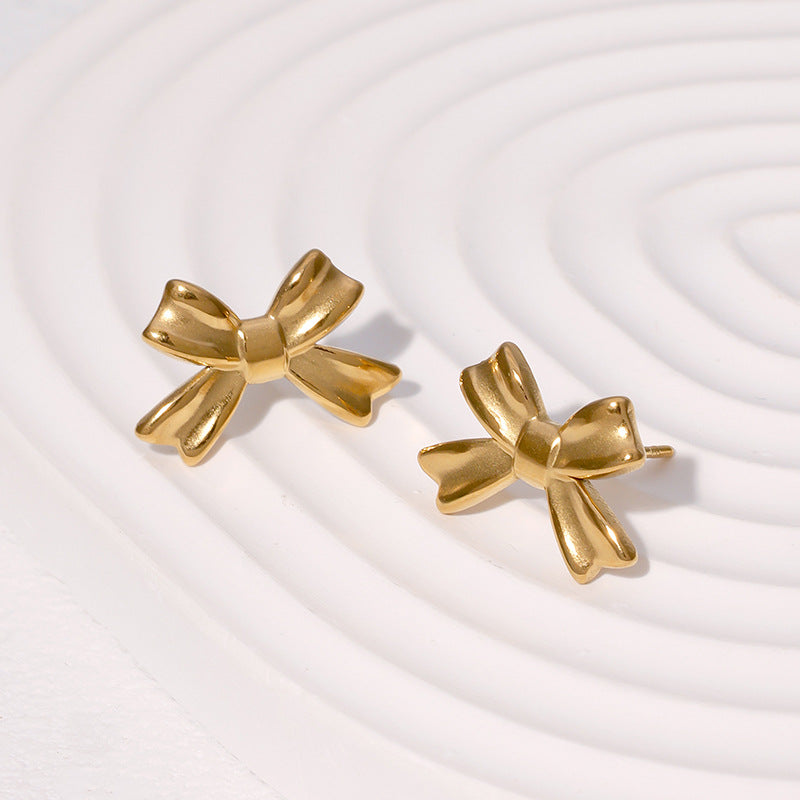 Minimalist 18K Gold Plated Stainless Steel Bow Knot Stud Earrings for Women